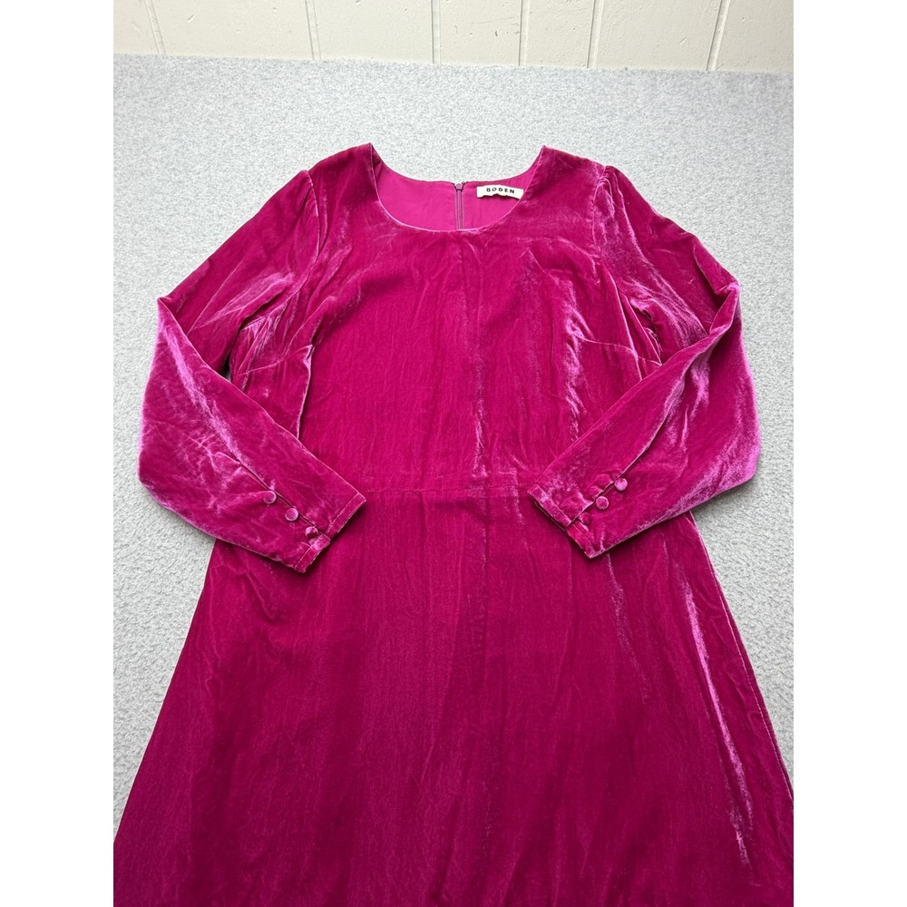 Boden Velvet Dress Womens Medium Pink Scoop Neck Long Sleeve Shift Midi Ruffle - Picture 9 of 16